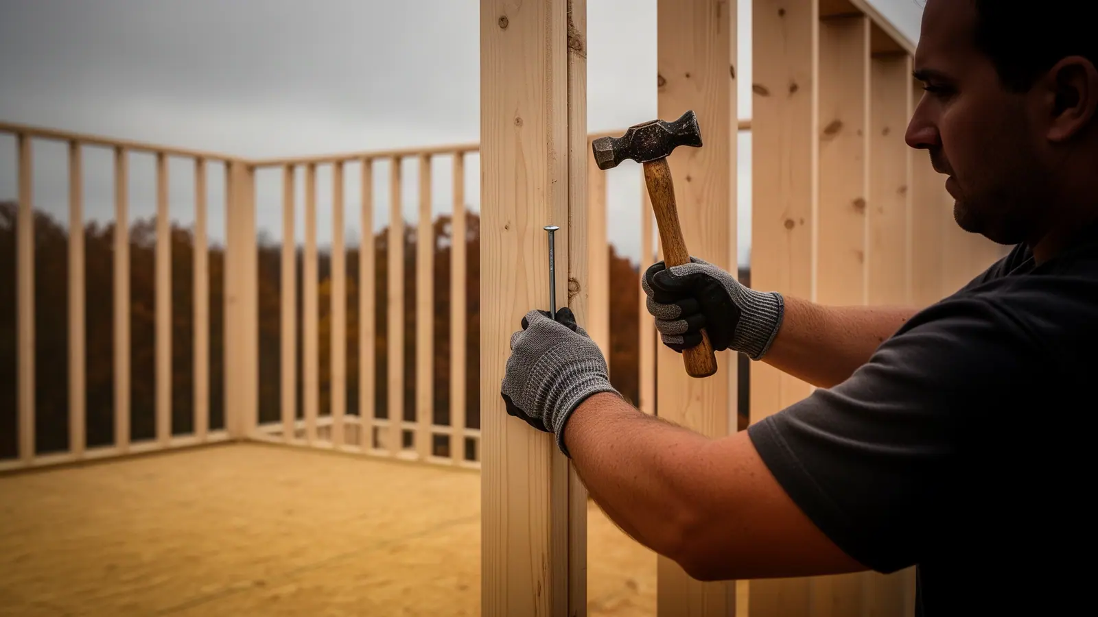 A builder driving a framing nail into a fresh stud wall with a hammer on an overcast framing site.
