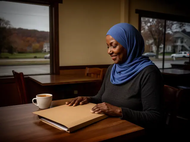 A restaurant owner seated with a folder in an empty dining room before opening.